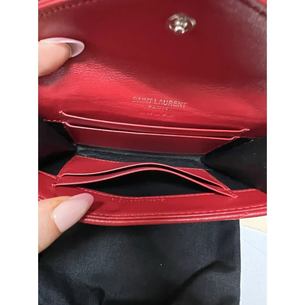 YSL Saint Laurent Leather Red Compact Wallet Card Case Box Duster & Tags